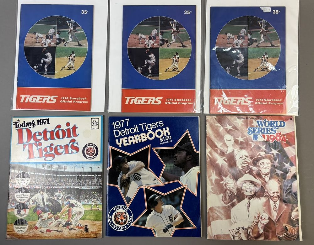 Lot 164: Lot 6 Detroit Tigers 1974 Scorebooks 1971 1977 Yearbooks & 1984 World Series Program