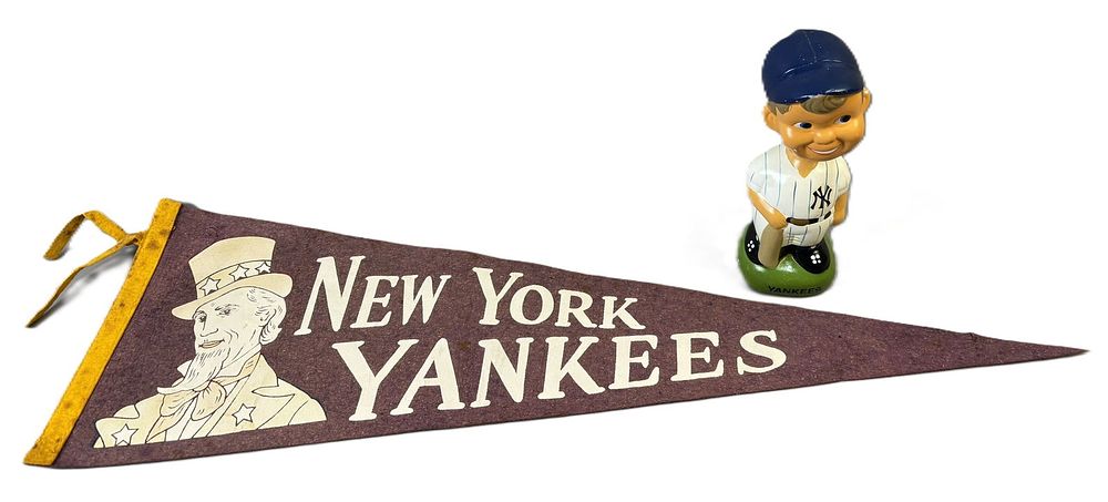 Lot 165: New York Yankees Baseball Felt Uncle Sam Pennant & Bobblehead Lot
