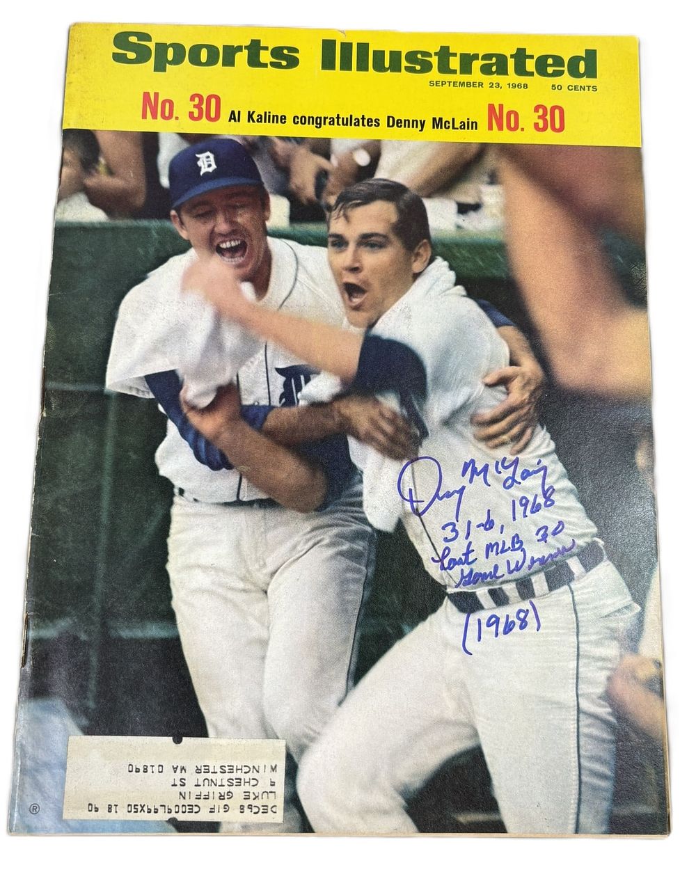 Lot 175: 1968 Sports Illustrated No 30 Signed & Inscribed Denny McLain "Last MLB 30 Game Winner"