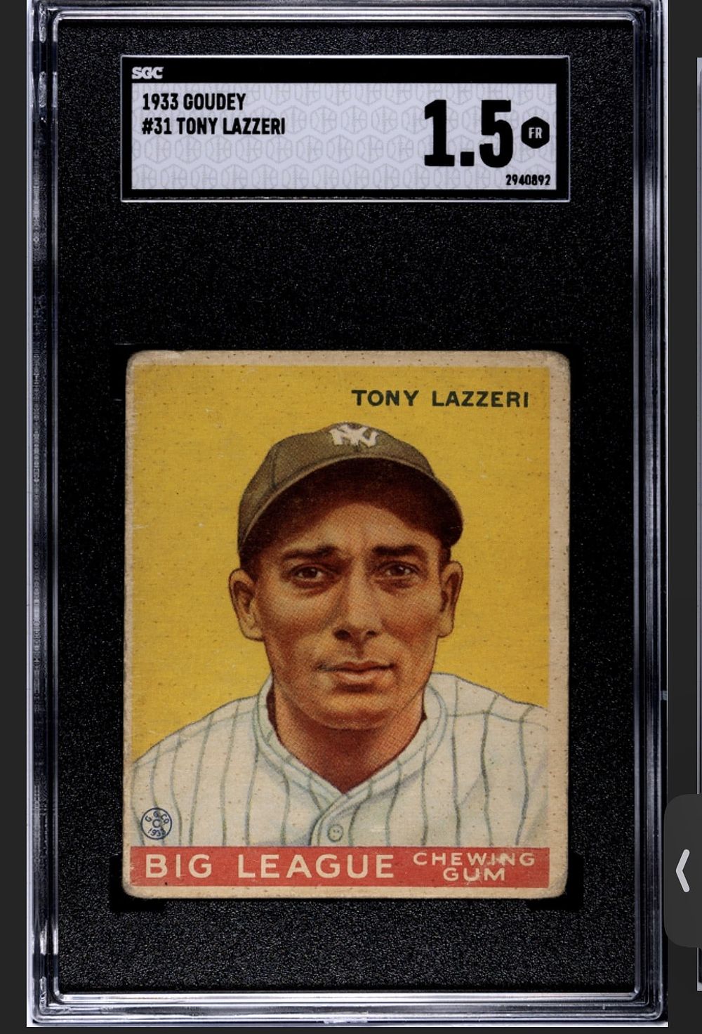 Lot 198: 1933 Goudey #31 Tony Lazzeri SGC 1.5 Fair