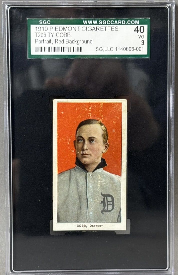 Lot 215: Ty Cobb 1910 T206 Piedmont Cigarettes Portrait Red Background SGC 3 VG 40