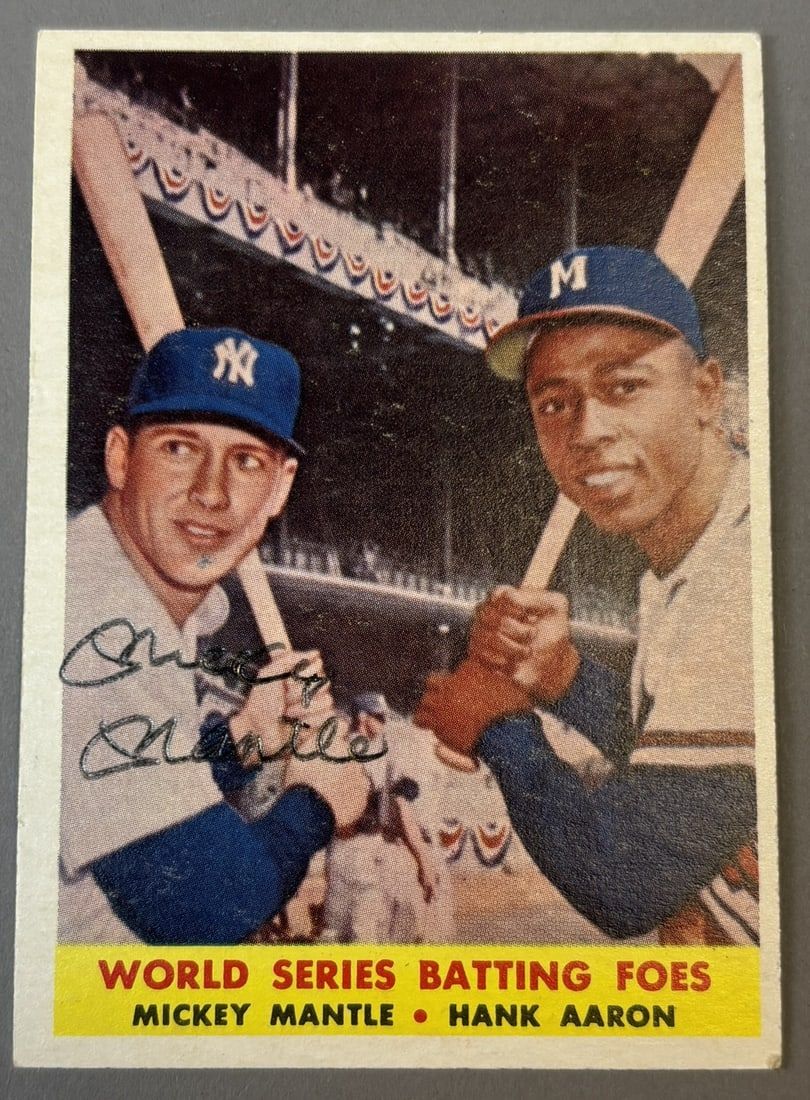 Lot 217G: 1957 Topps #418 Mickey Mantle Signed Hank Aaron Batting Foes
