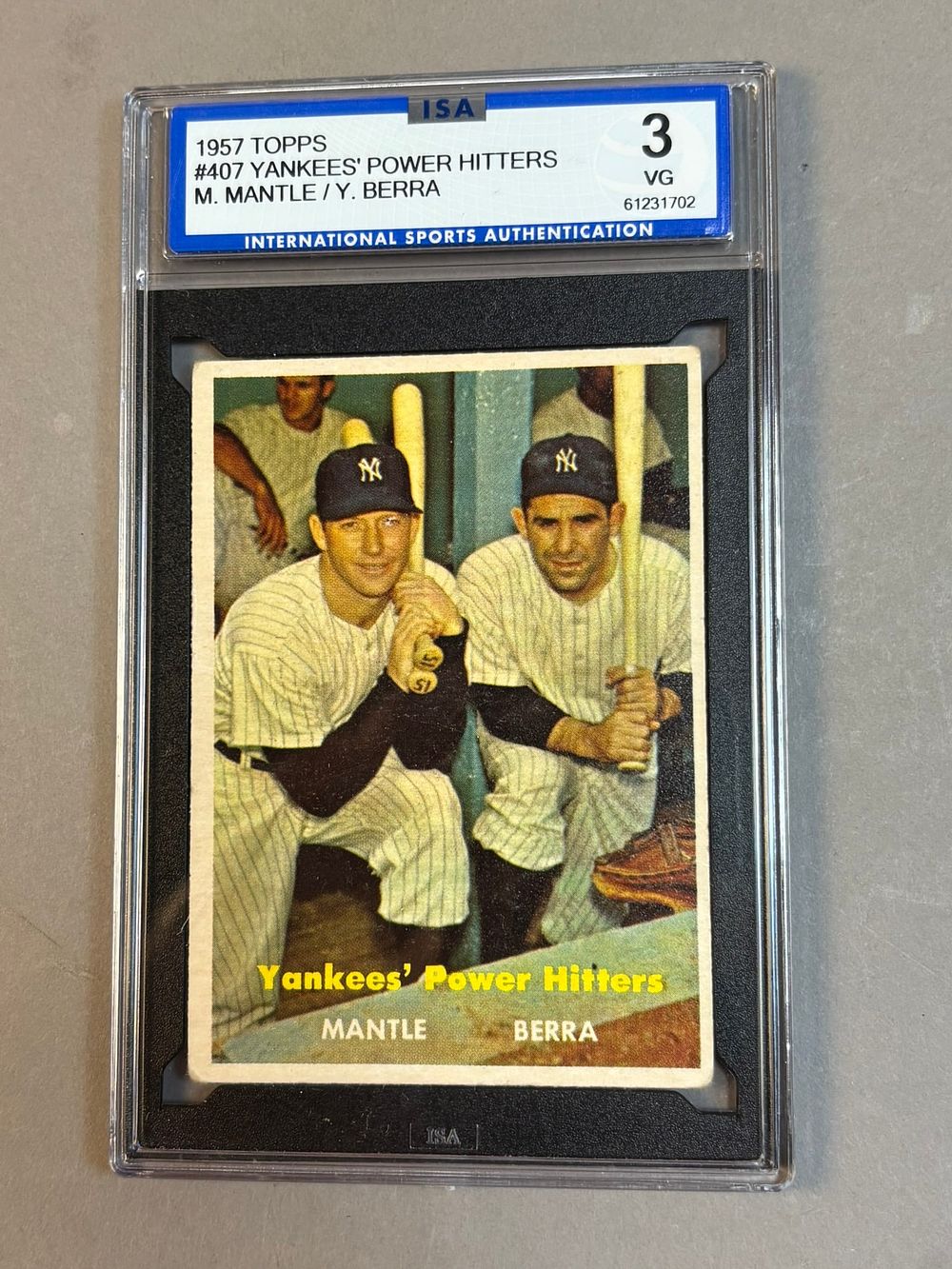 Lot 221H: 1957 Topps #407 Mickey Mantle Berra Power Hitters HOF ISA 3 VG Very Good