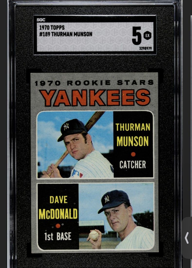 Lot 225B: 1970 Topps Thurman Munson RC Card #189 SGC 5 EX