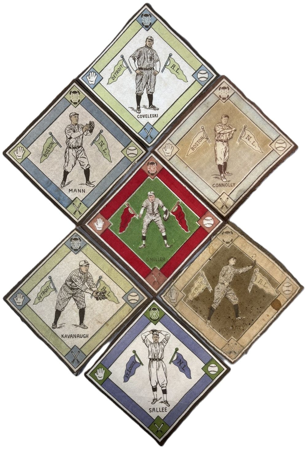 Lot 235: Lot 7 1914 B18 Baseball Felt Pennants Mann Covelski Connolly Miller Kavanagh Sallee Moriarty