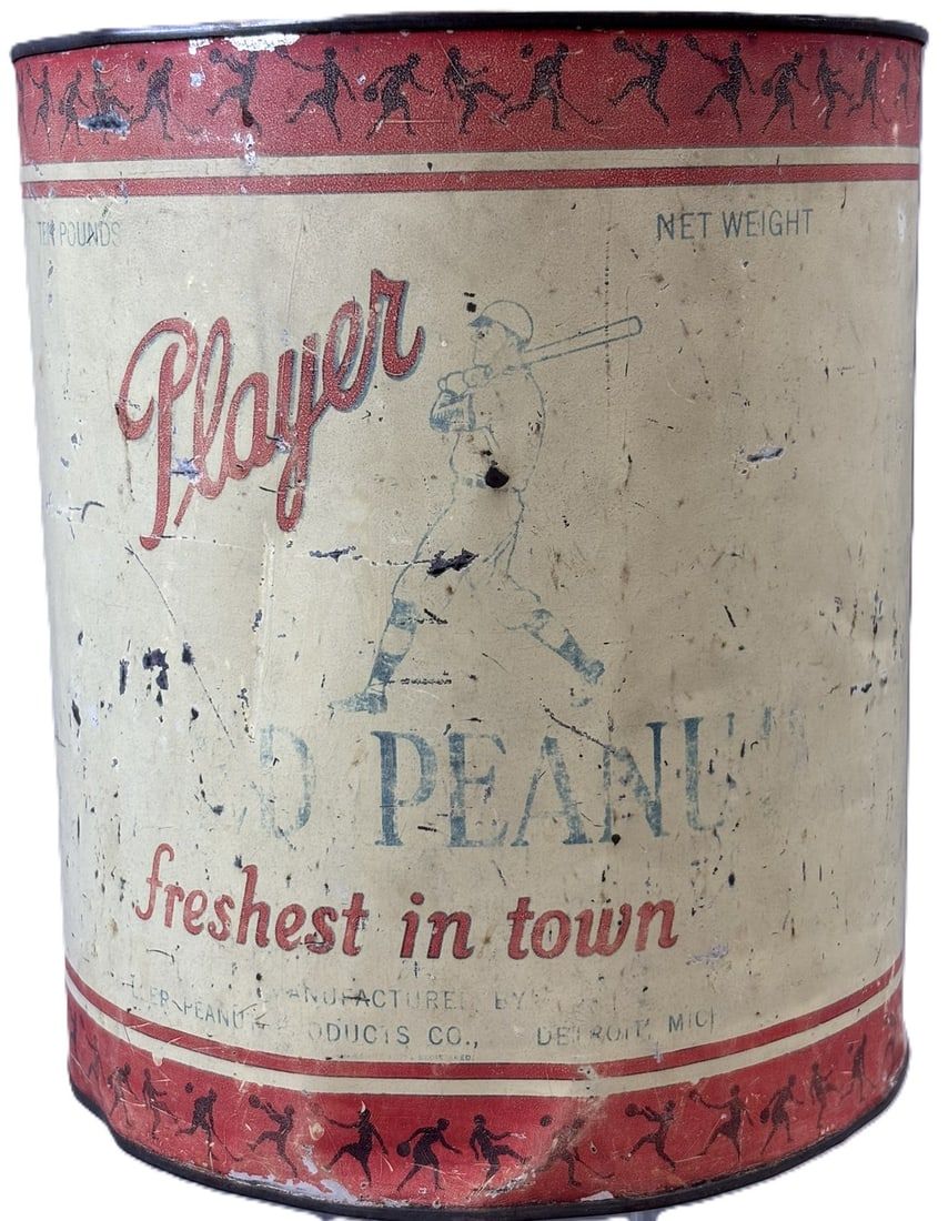 Lot 238: Player Peanuts Detroit Michigan 1930s 10LB Metal Can w/ Baseball Player