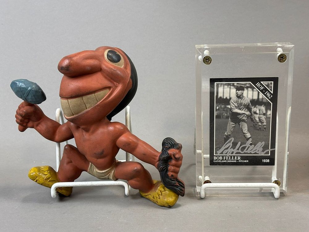 Lot 250: Pair Cleveland Indians Chief Wahoo & Bob Feller Signed HOF 1962 Card