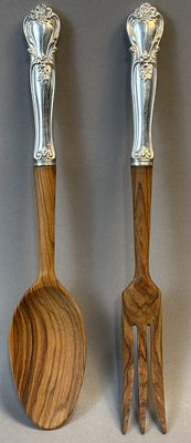 Webster Sterling Silver Handle Olive Wood Salad Serving Set 10.5". Offered here is a handsome 