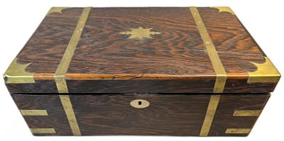 19th C. Portable Writing Slope Box w/ Ornate Brass Straps & Key. A handsome 19th century 