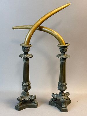 Pair Antique 11" 19th Century Brass Candlesticks w/ Claw Feet. Striking pair of antique brass 