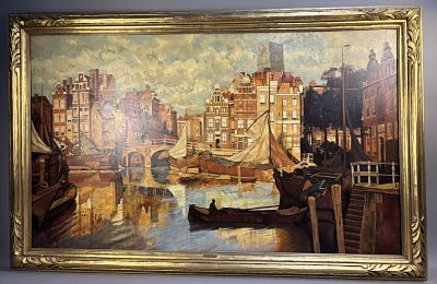 Original Henry Shafer Harbor Oil Painting After Johann Bernard Klombeek 30x50. Large oil on 