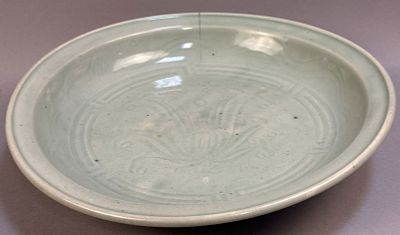 Art Deco Celadon Glazed Pottery Bowl 14" Floral Relief Design. A handsome Art Deco period 