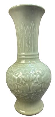 Art Deco Celadon Glaze Relief Decorated Vase 12.5". This elegant Art Deco–inspired vase stands 