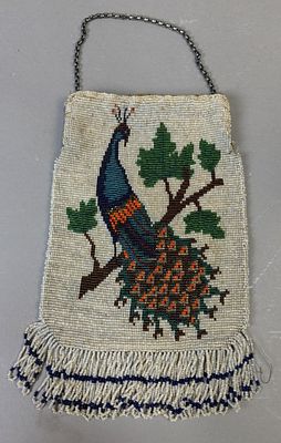 Antique Beaded Peacock Purse w Fringe & Chain Handle 11x7. A charming antique hand-beaded purse 