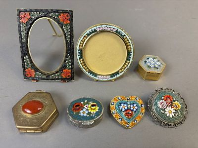 Antique Italian Micro Mosaic Pill Boxes & Framed Brooches Lot. A charming and highly decorative 