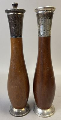 Pair Teak Salt & Pepper Grinders Sterling Silver Mounted 10.5". A handsome pair of vintage teak 
