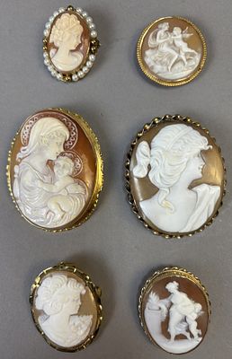 Antique Lot 6 Cameo Brooches & Pins w/ 12K Gold Fill R. DeRosa. Offered here is a beautiful 