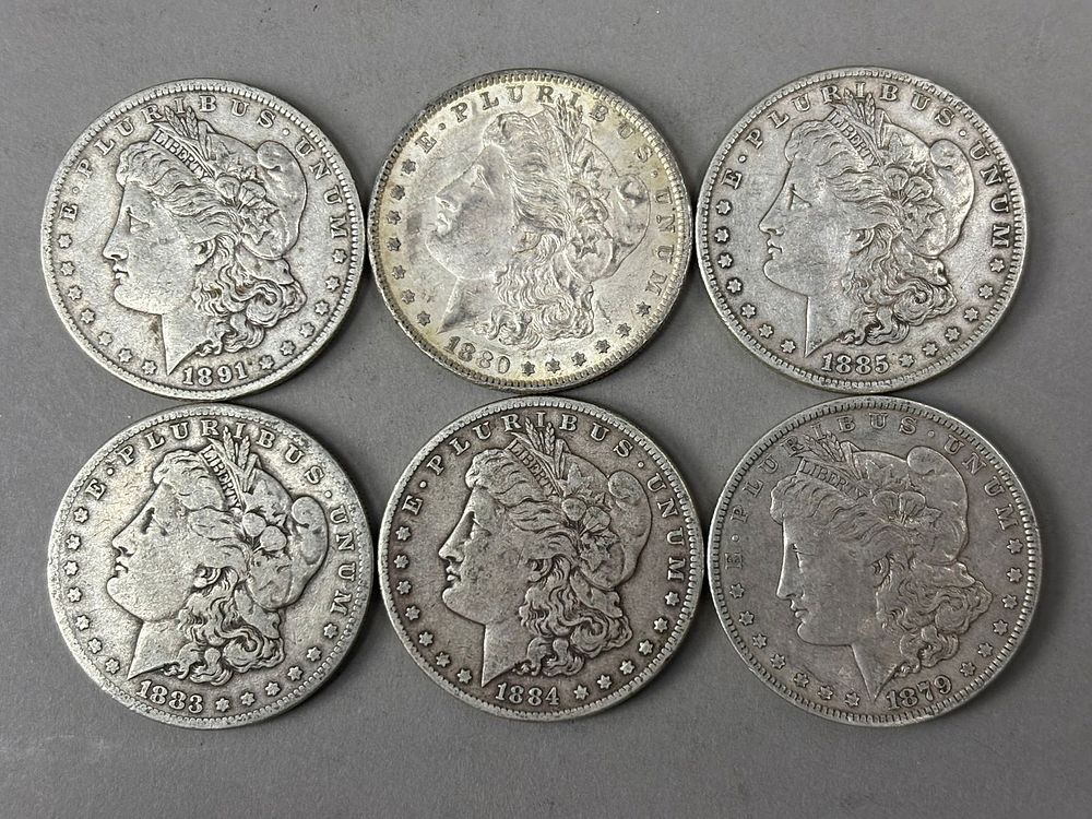 Lot 152: Six Morgan Silver Dollars 1879–1891 Mixed Dates Circulated Coins