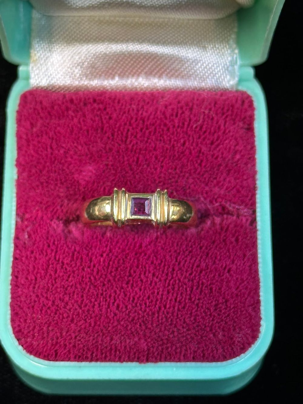 Lot 178: Tiffany & Co 18K Gold Square Ruby Ring Modernist Band 4.62g