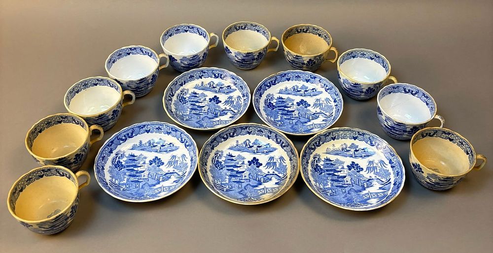 Lot 193: Japanese Blue White Pagoda Landscape Porcelain Tea Set Cups Saucers