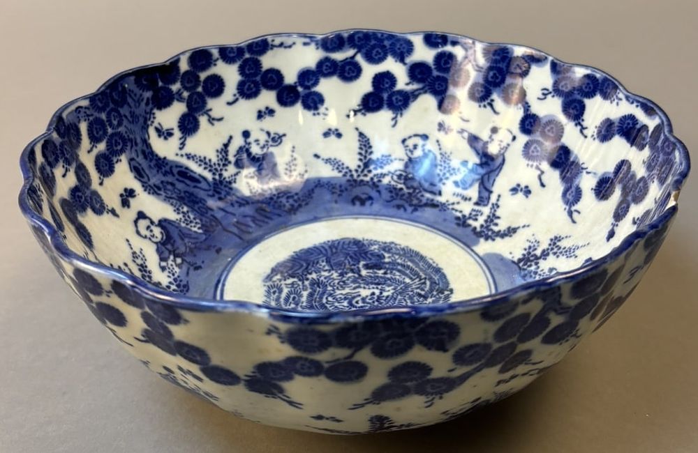 Lot 196: Chinese Qing Blue & White Porcelain Boys at Play Bowl Guangxu Period