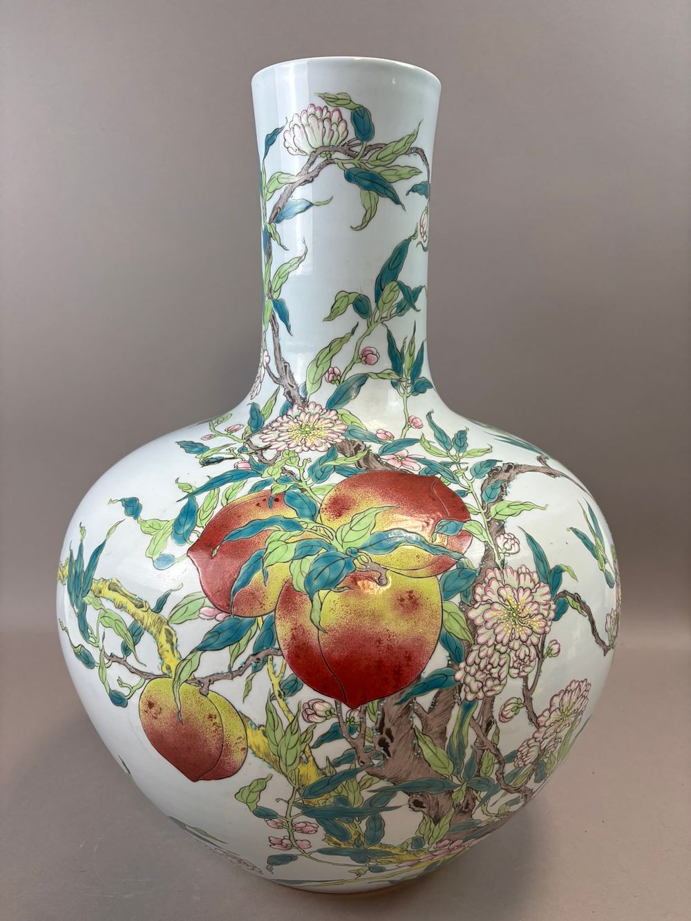 Lot 205: Chinese Famille Rose Longevity Peach Vase Qianlong Mark Late Qing