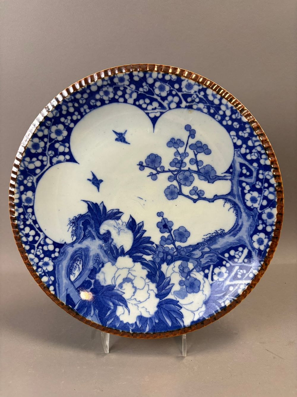 Lot 206: Chinese Export Blue & White Porcelain Plate Floral Prunus Motif Brown Rim