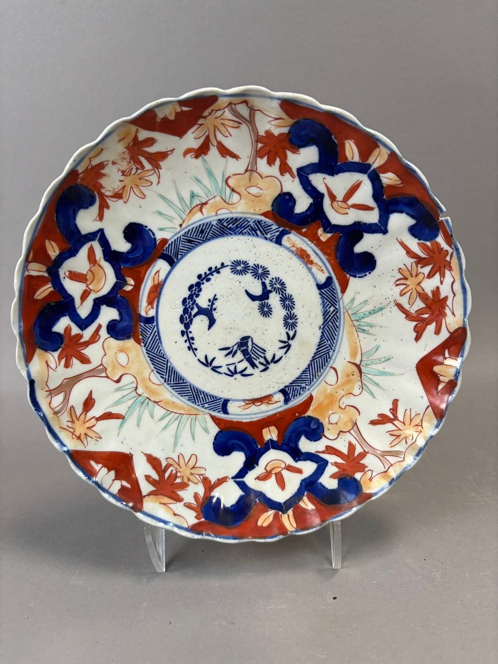 Lot 207: Chinese Imari Porcelain Plate Bamboo & Birds Scalloped Rim 19th Century