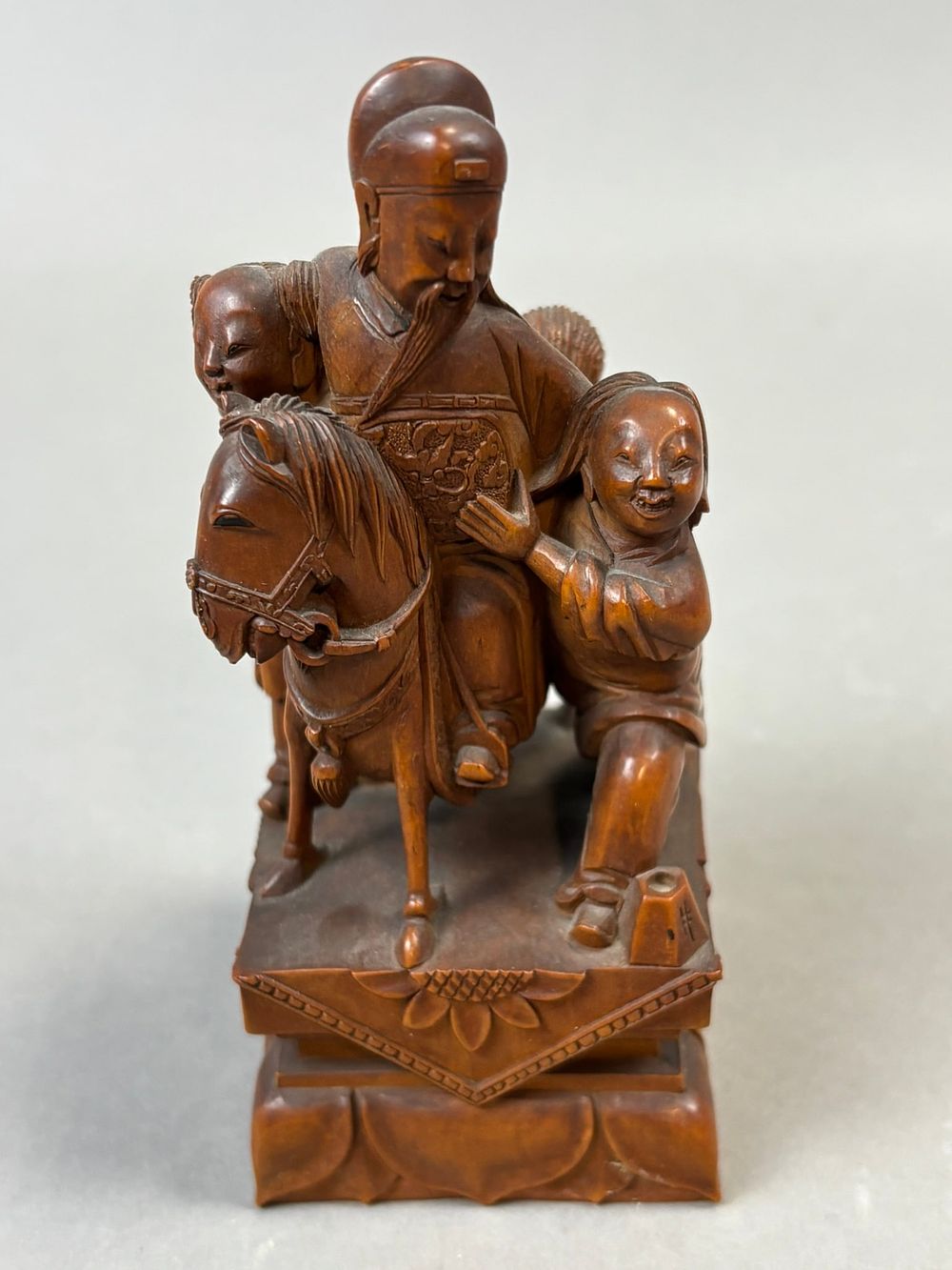 Lot 211: Chinese Carved Wood Scholar Riding Horse Figural Group Seal Mark Base