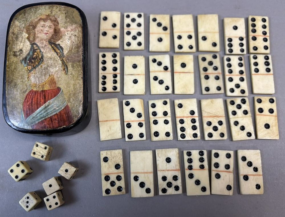 Lot 236: Mid 19th C Carved Bone Domino Set w Hand Painted Figural Case & Dice