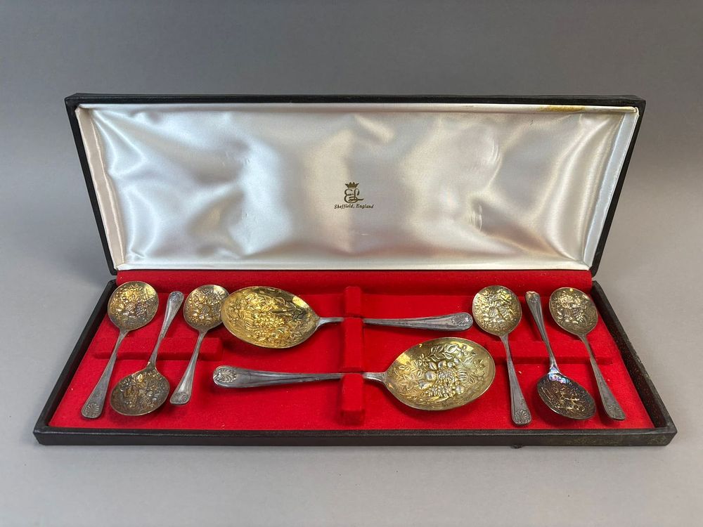 Lot 283: Sheffield England EPNS Fruit Motif Serving Spoon & Demitasse Spoon Set