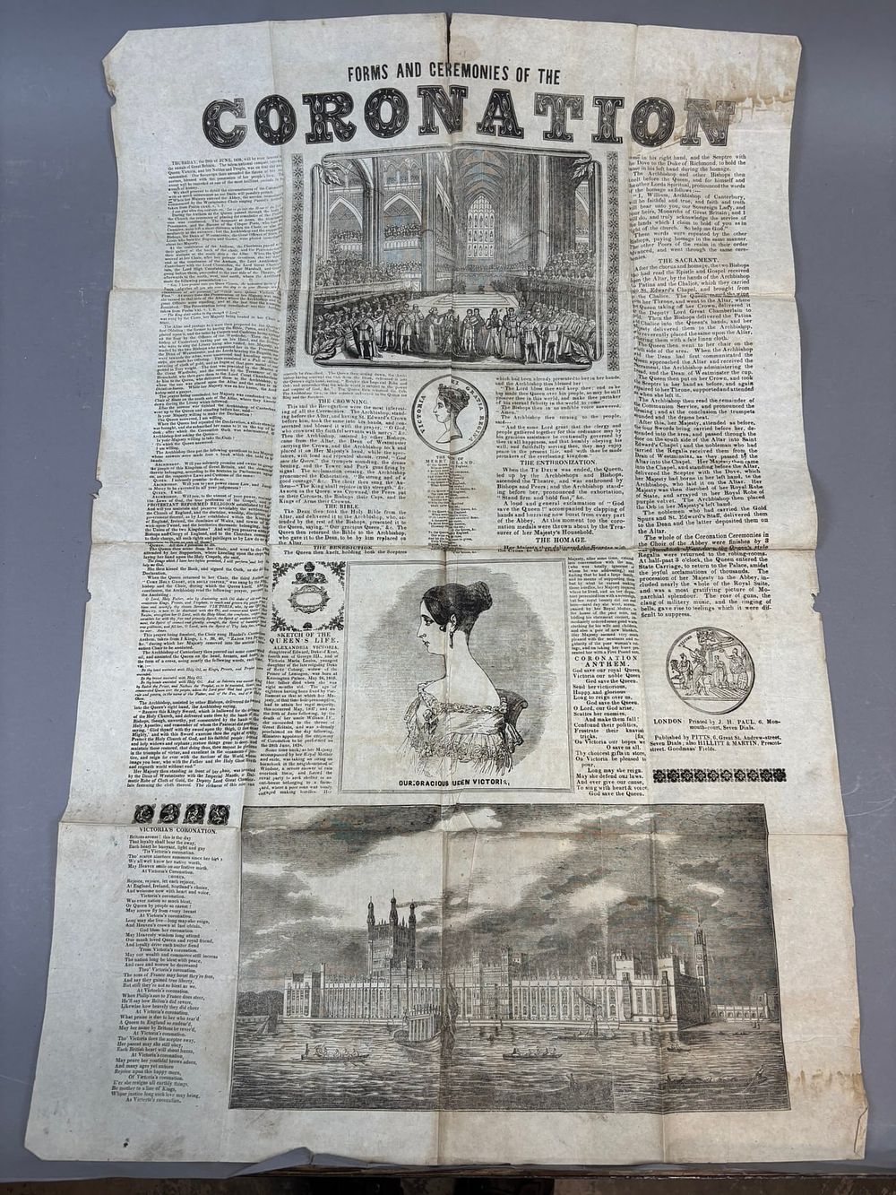 Lot 284B: 1838 Queen Victoria Coronation Broadside Illustrated Westminster Abbey Print