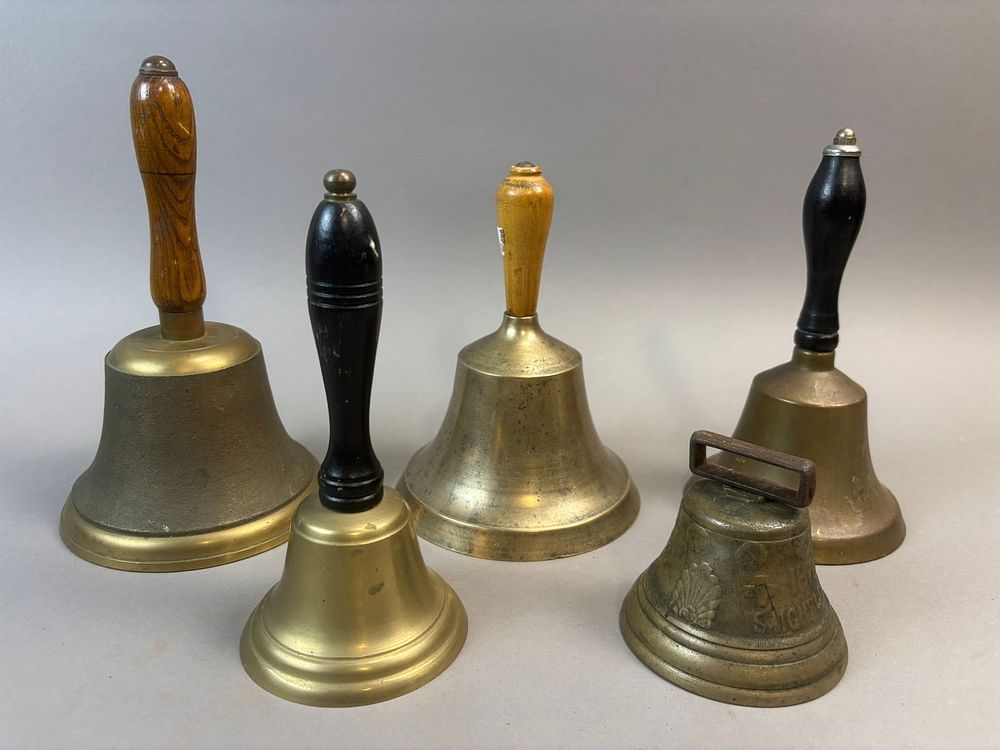 Lot 287: Antique Lot 5 Brass School Hand Bells Wood Handles Classroom Teacher Bells 1878