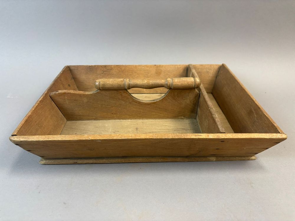 Lot 288: Antique Wood Cutlery Tote Flatware Carrier Divided Utensil Box