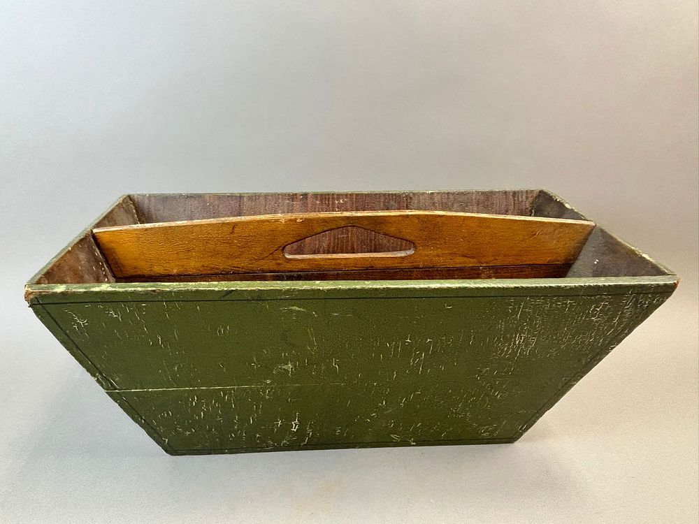 Lot 289: Antique 19th Century Primitive Green Painted Wood Tote Carrier