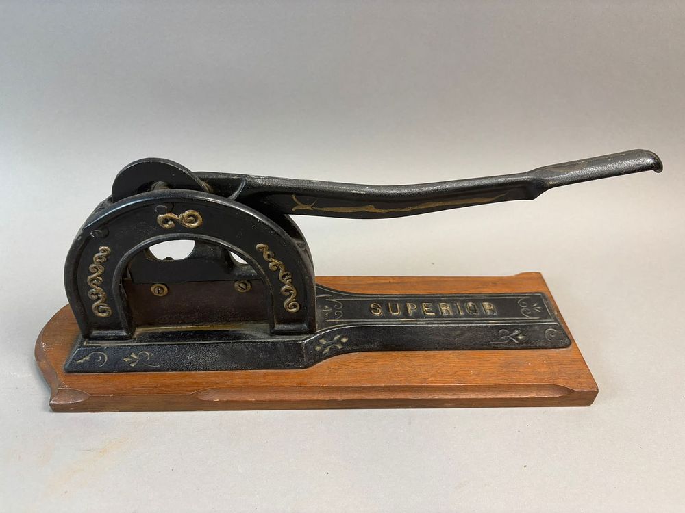 Lot 292B: Superior Cast Iron Lever Tobacco Cutter Wooden Base Antique Store Tool