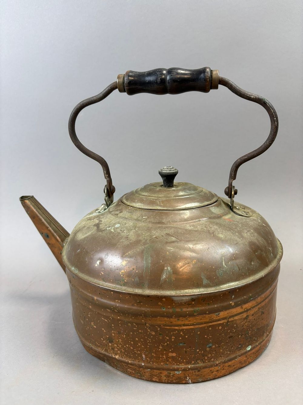 Lot 296B: Antique Copper Tea Kettle Wood Handle Lidded Stove Top Pot