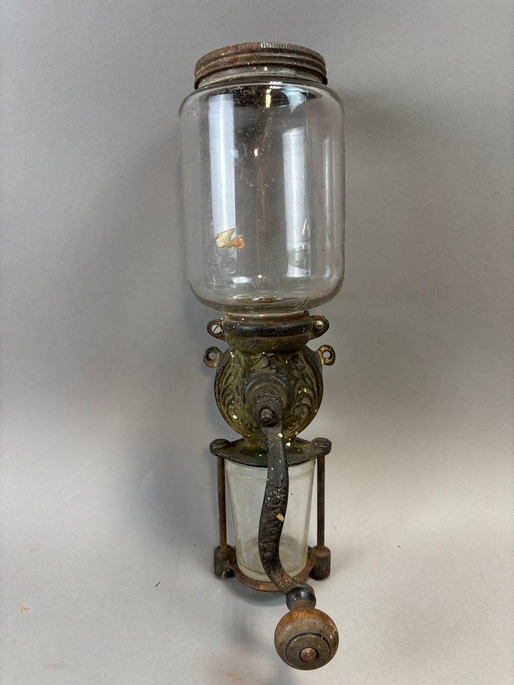 Lot 297C: Antique Cast Iron Wall Mount Coffee Grinder Glass Jar Crab4323 Mill