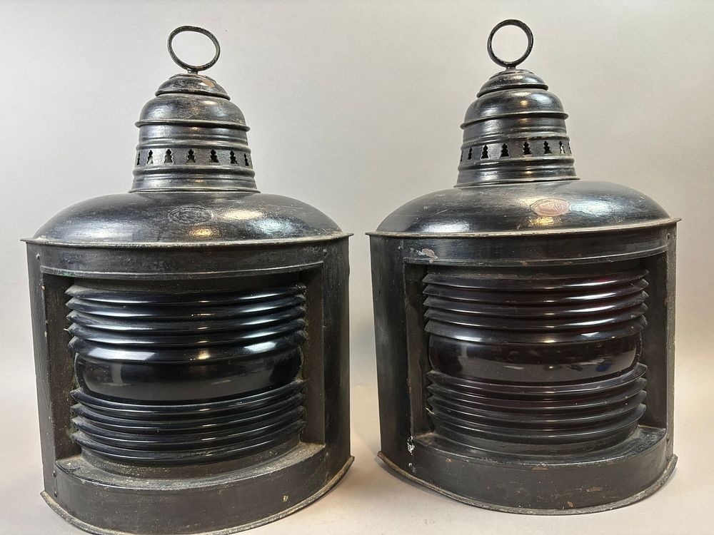 Lot 298D: Pair Perkins Marine Ship Lanterns Red & Green Glass Navigation Lights