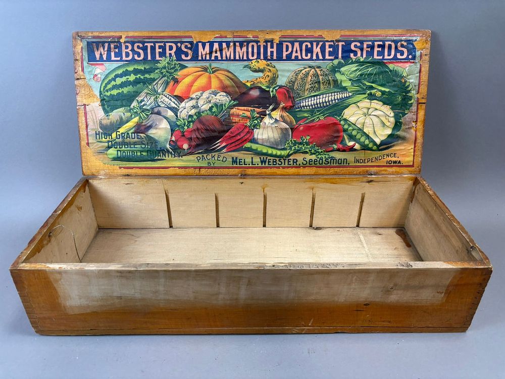 Lot 299B: Webster's Mammoth Packet Seeds Wooden Counter Display Box Independence Iowa
