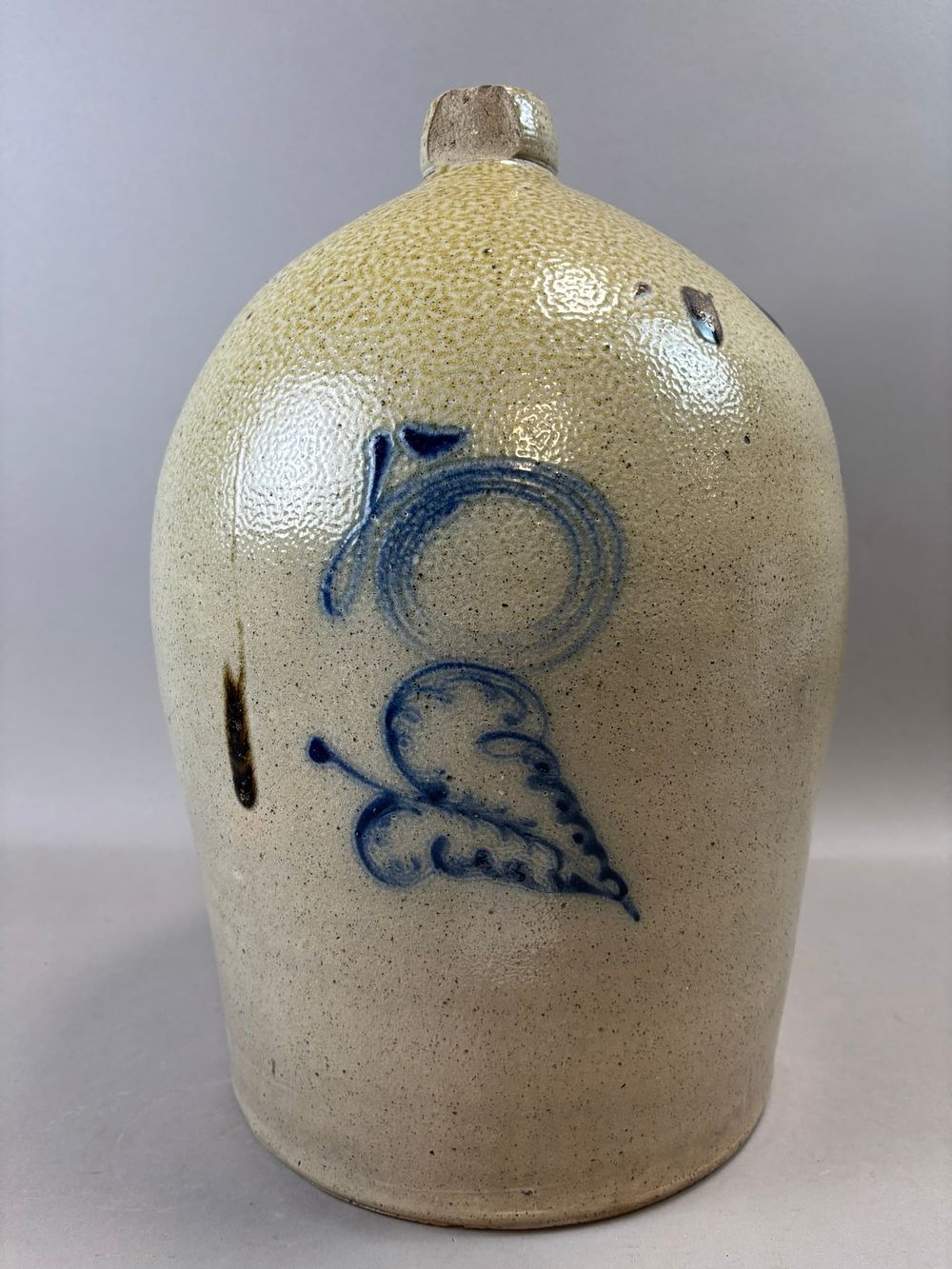 Lot 301: Antique Cobalt Decorated Stoneware Jug 18” Salt Glaze 5 Gallon Jug