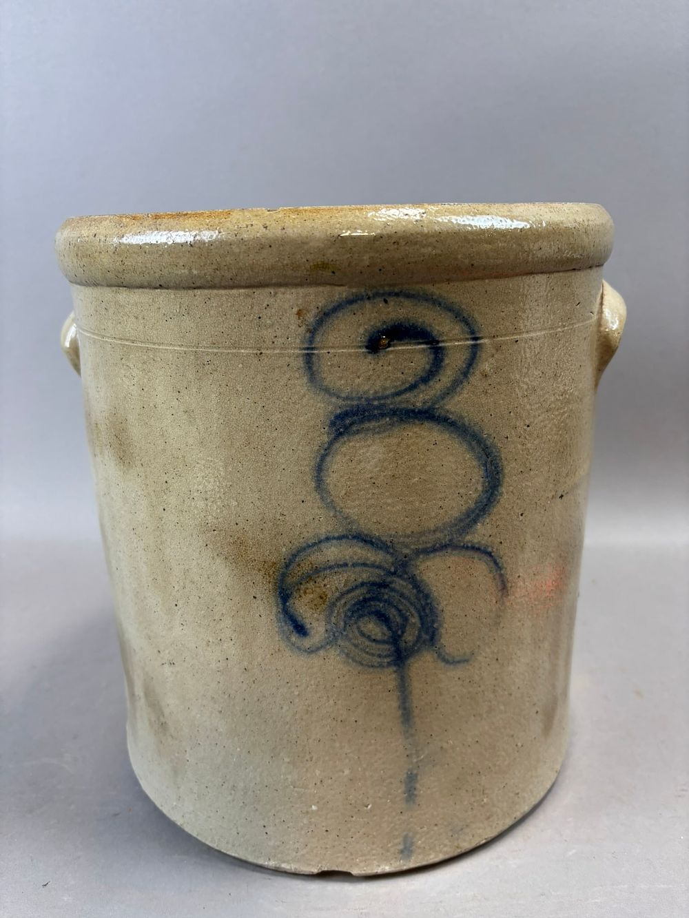 Lot 306: Antique 3 Gallon Salt Glaze Stoneware Crock Cobalt Decor Double Handle