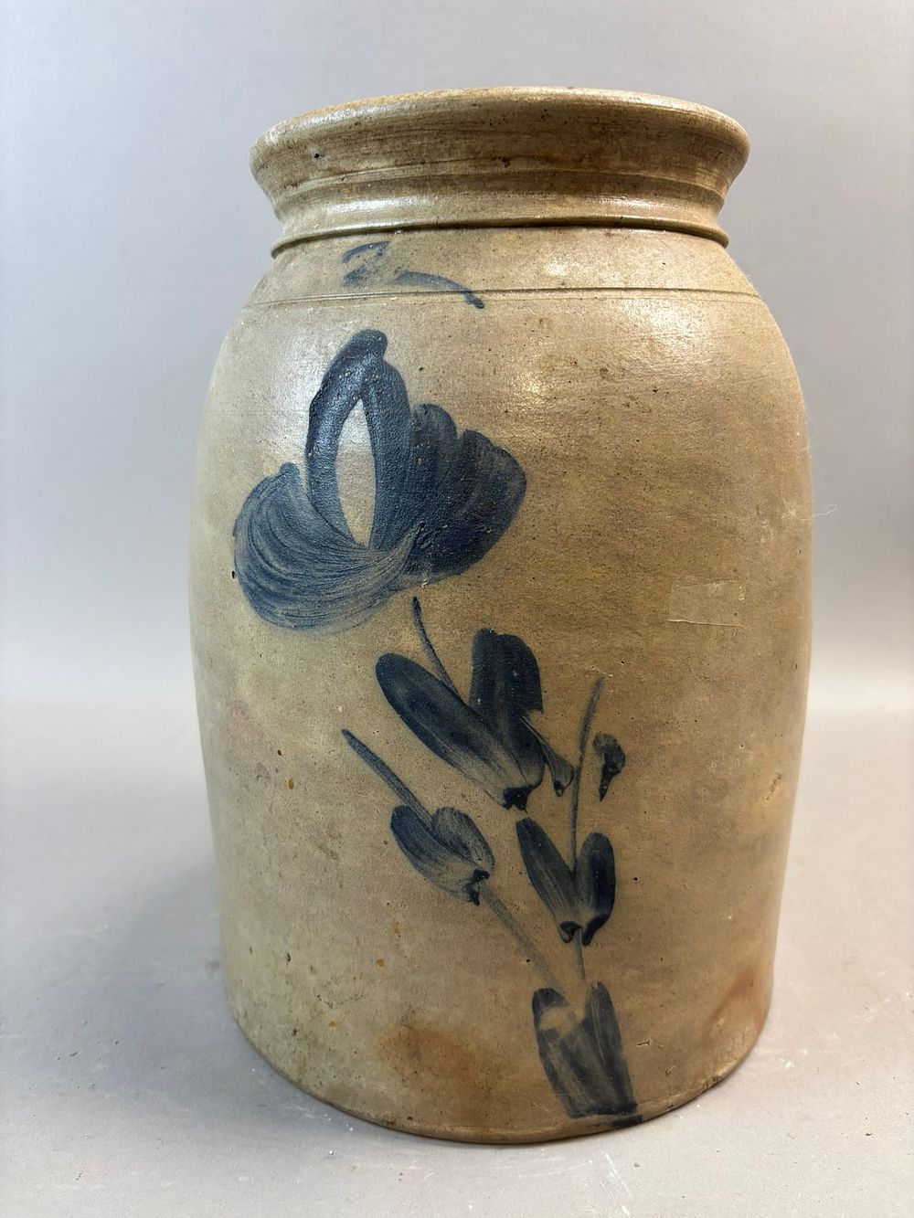 Lot 308: Antique 19th C Salt Glaze Stoneware Crock Cobalt Tulip Decoration