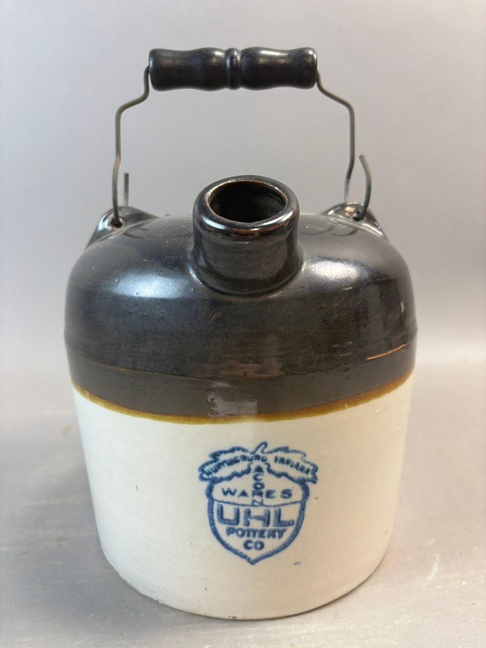 Lot 318: UHL Pottery Co Huntingburg Indiana Stoneware Whiskey Jug Brown Top