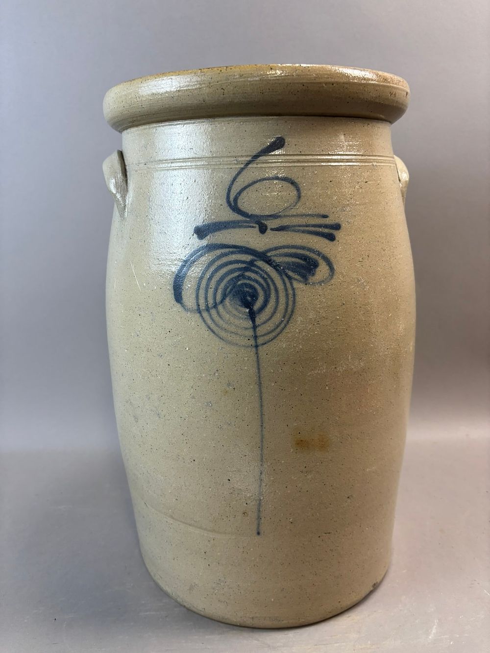 Lot 321: 6 Gallon Salt Glaze Stoneware Butter Churn Cobalt Floral Decoration