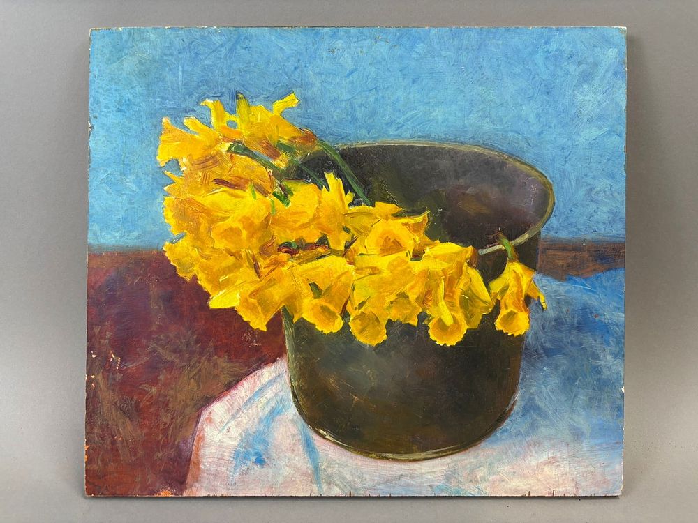 Lot 323: Original Oil on Wood Still Life Painting Yellow Flowers in Metal Bucket