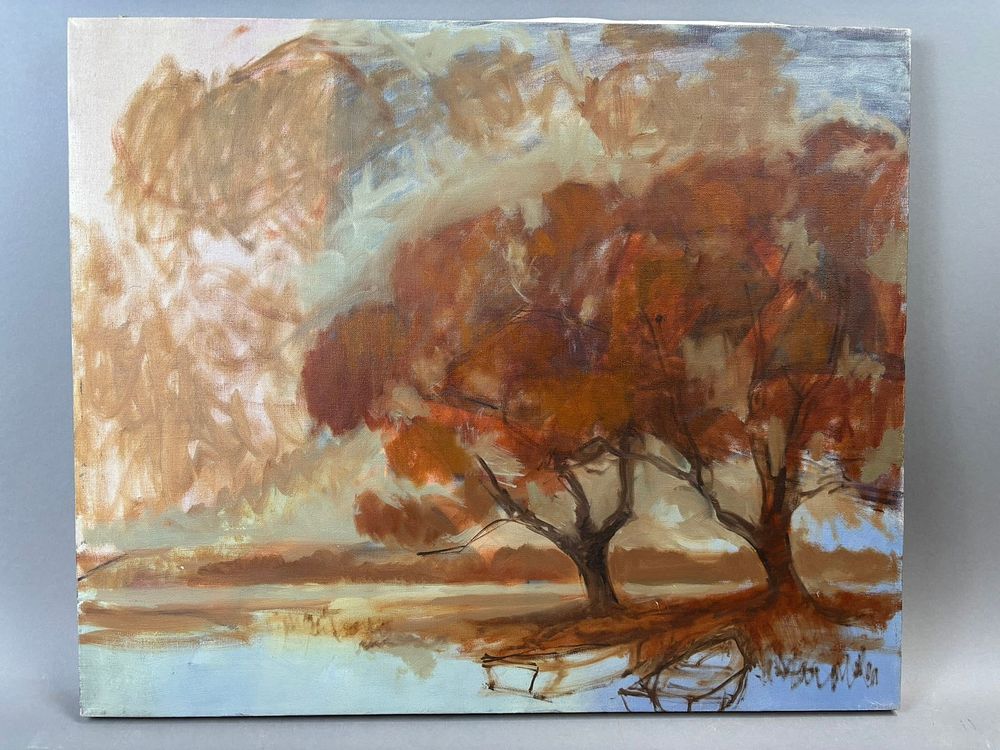Lot 332: Henry Schafer Jackson MI Autumn River Landscape Oil Painting Canvas 24x20