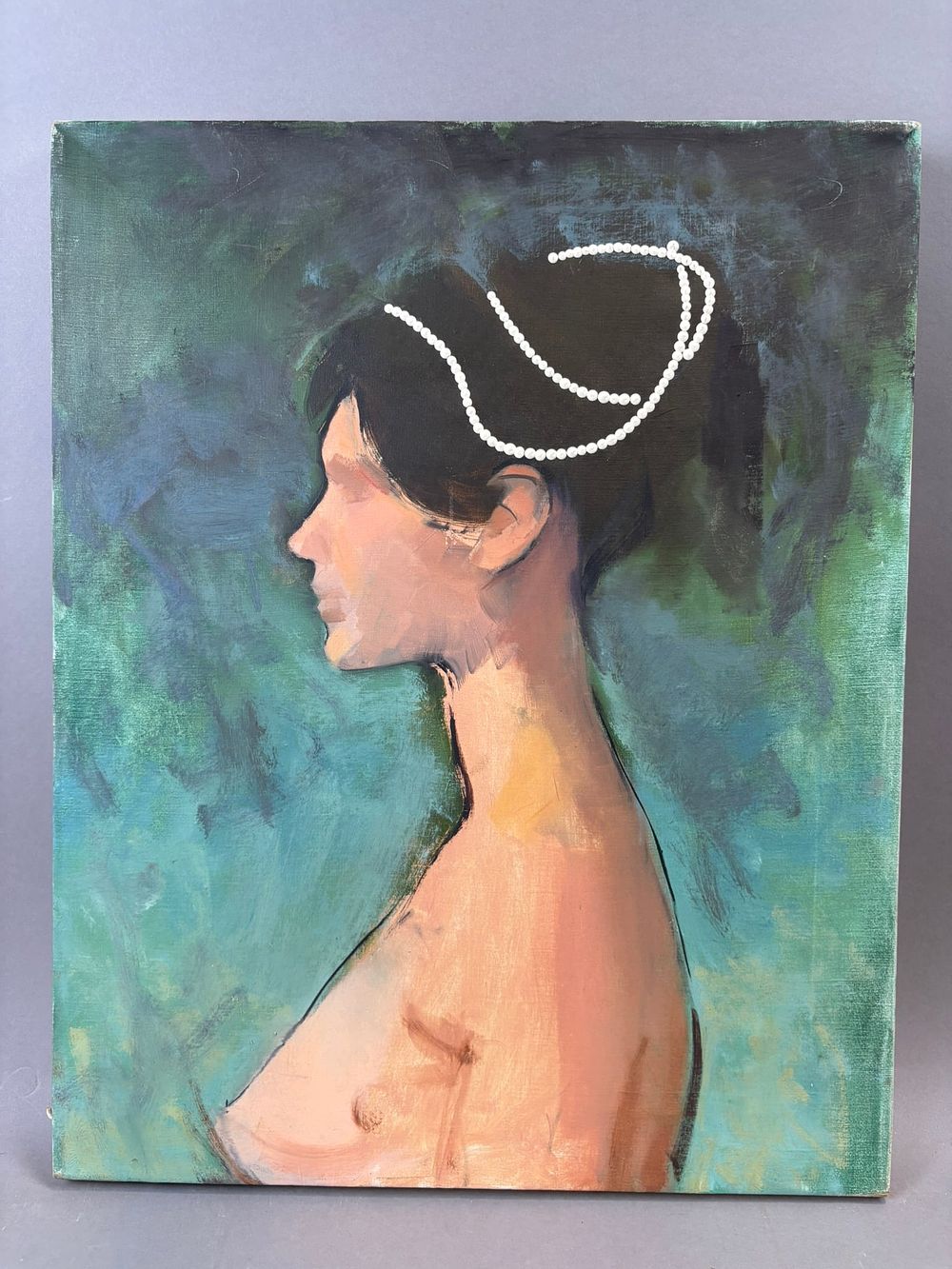 Lot 334: Henry Schafer Female Profile Portrait Pearl Necklace Oil Painting 16x20