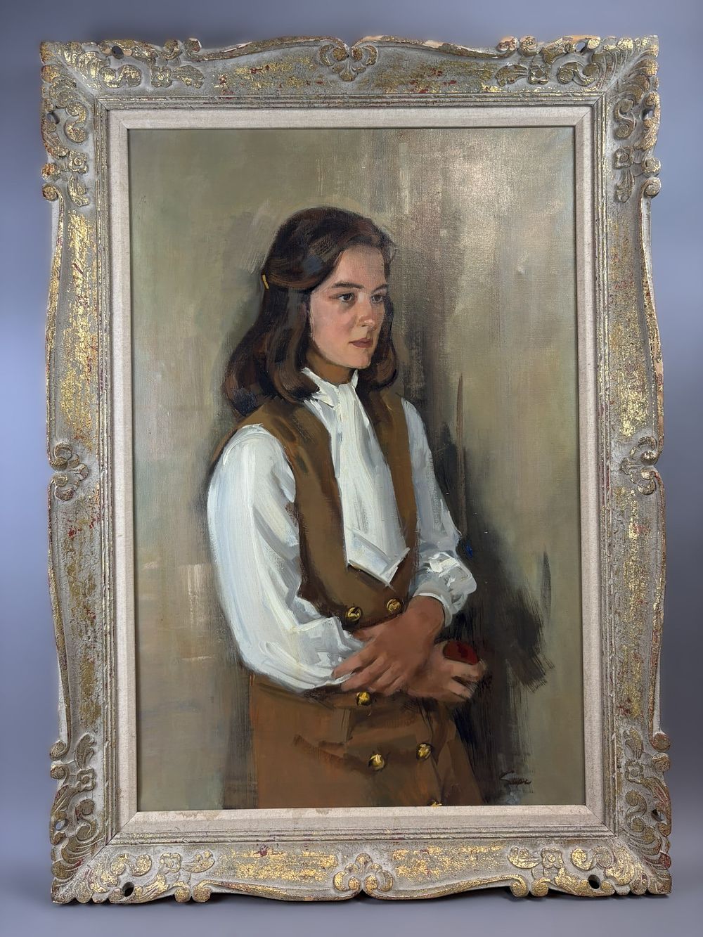 Lot 338: Henry Schafer Portrait of Young Woman Oil Painting Framed 24x36 Canvas