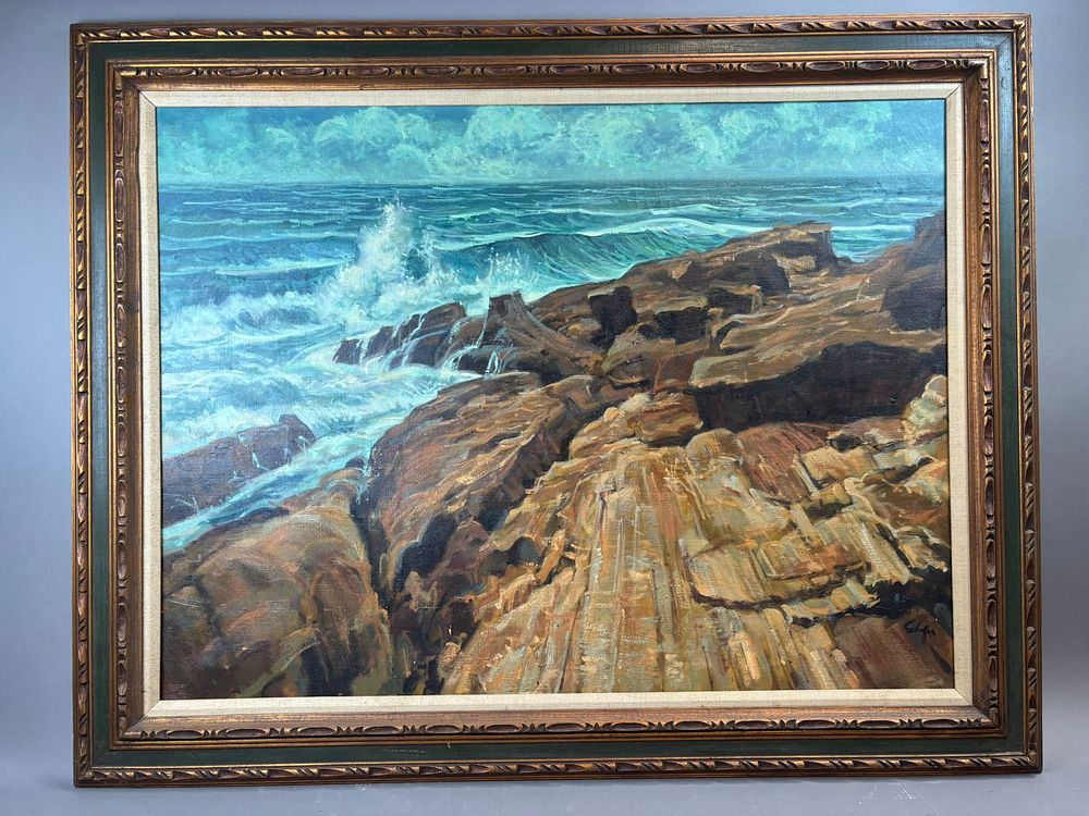 Lot 339: Henry Schafer Seascape Crashing Waves Rocky Coast Oil Painting Framed 40x30